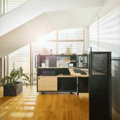 Arbeitsplatz flexibel Home Office Holz Tisch mit Schränke fahrbar klapbar Movo THE VISIONARY
